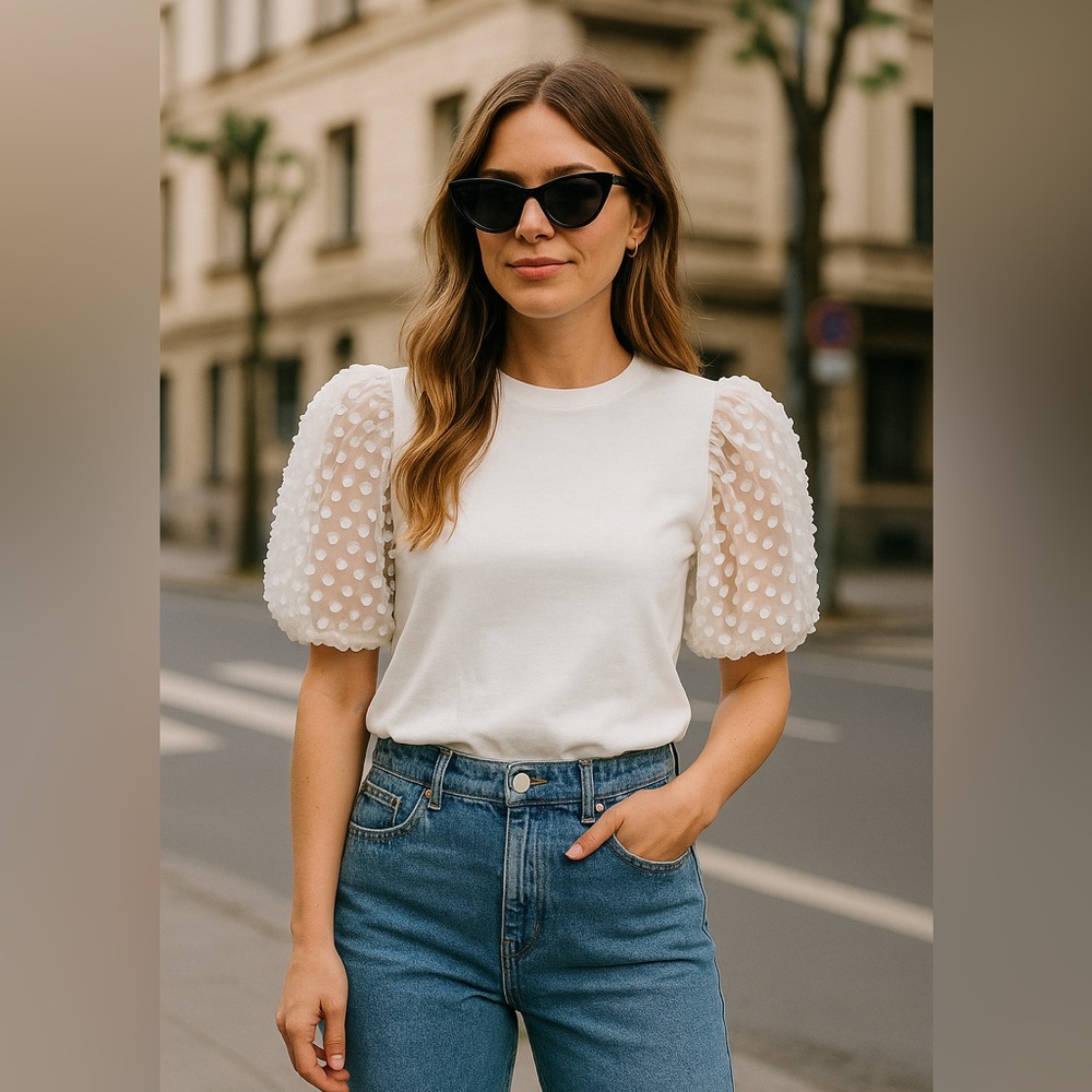 Boutique la ven pom pom sleeves top cottagecore Sep sale